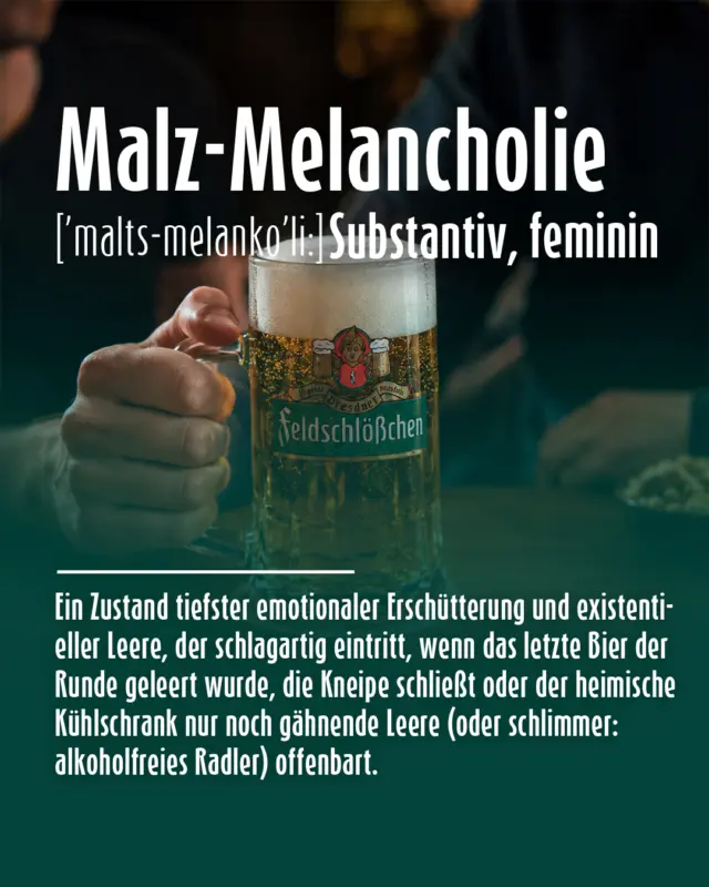 Das Bierlexikon: Malz-Melancholie 🍺😌

Der wehmütige Blick auf das letzte Glas, wenn klar wird: die Flasche ist leer, der Abend aber noch lange nicht vorbei.
Behandlung: schnellstmögliche Nachschub-Beschaffung.

Wer war heute schon betroffen? 👇

#Feldschlößchen #Bierlexikon #MalzMelancholie #Feierabend #Prost